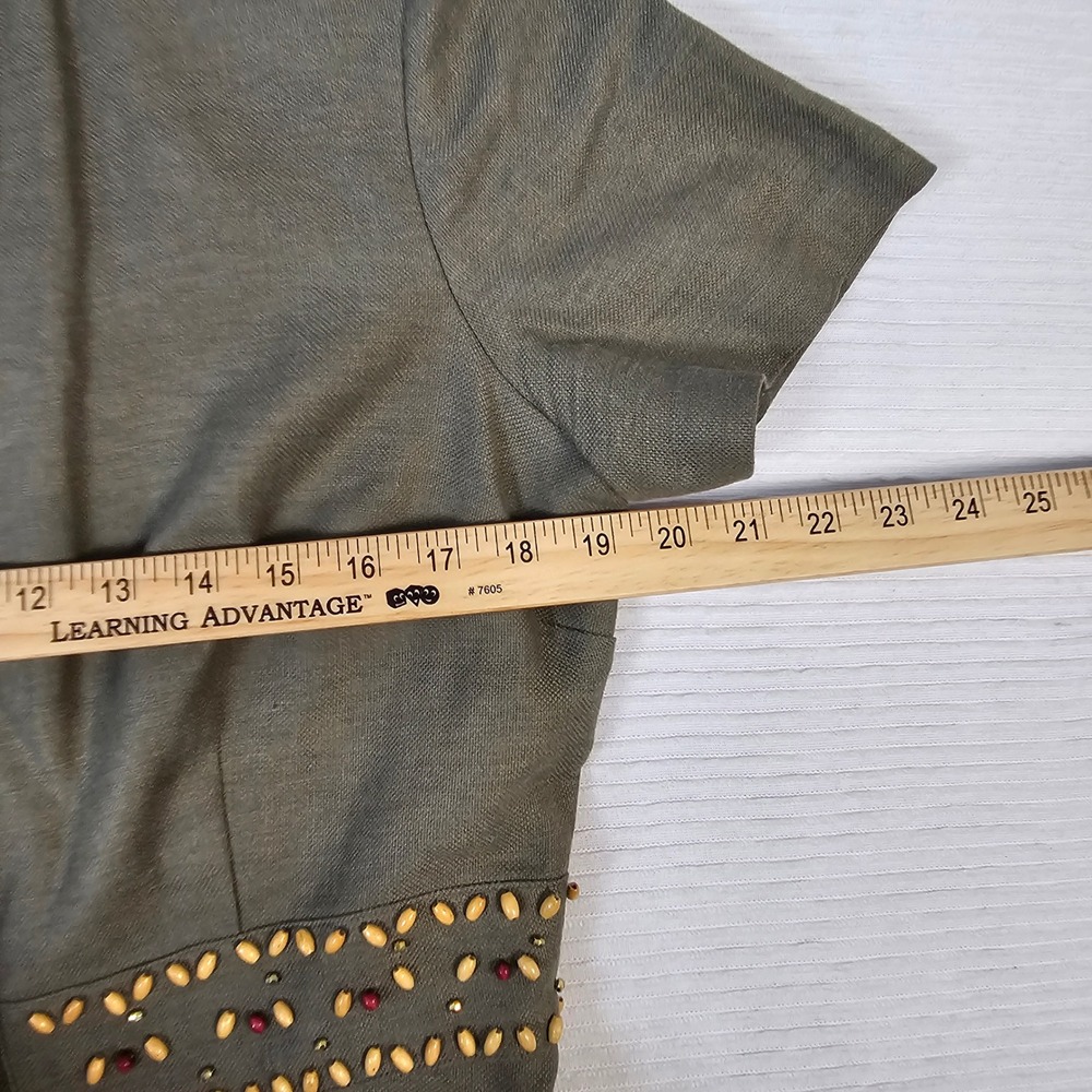 Dressbarn Olive Green Beaded Button Front Midi Dress ShortSleeve Size 10 Vintage - Picture 4 of 7